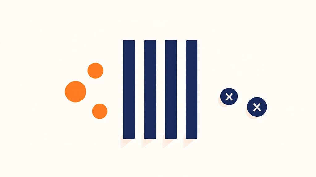 A flat minimalist illustration: orange circles enter a navy vertical-bar filter; navy circles with white X marks show blocked queries — representing a negative keyword exclusion system.