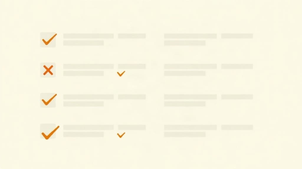 A minimal flat illustration of a data table on a cream background with navy rows marked as keepers and rows marked with orange X symbols as negatives, representing the search terms report tri