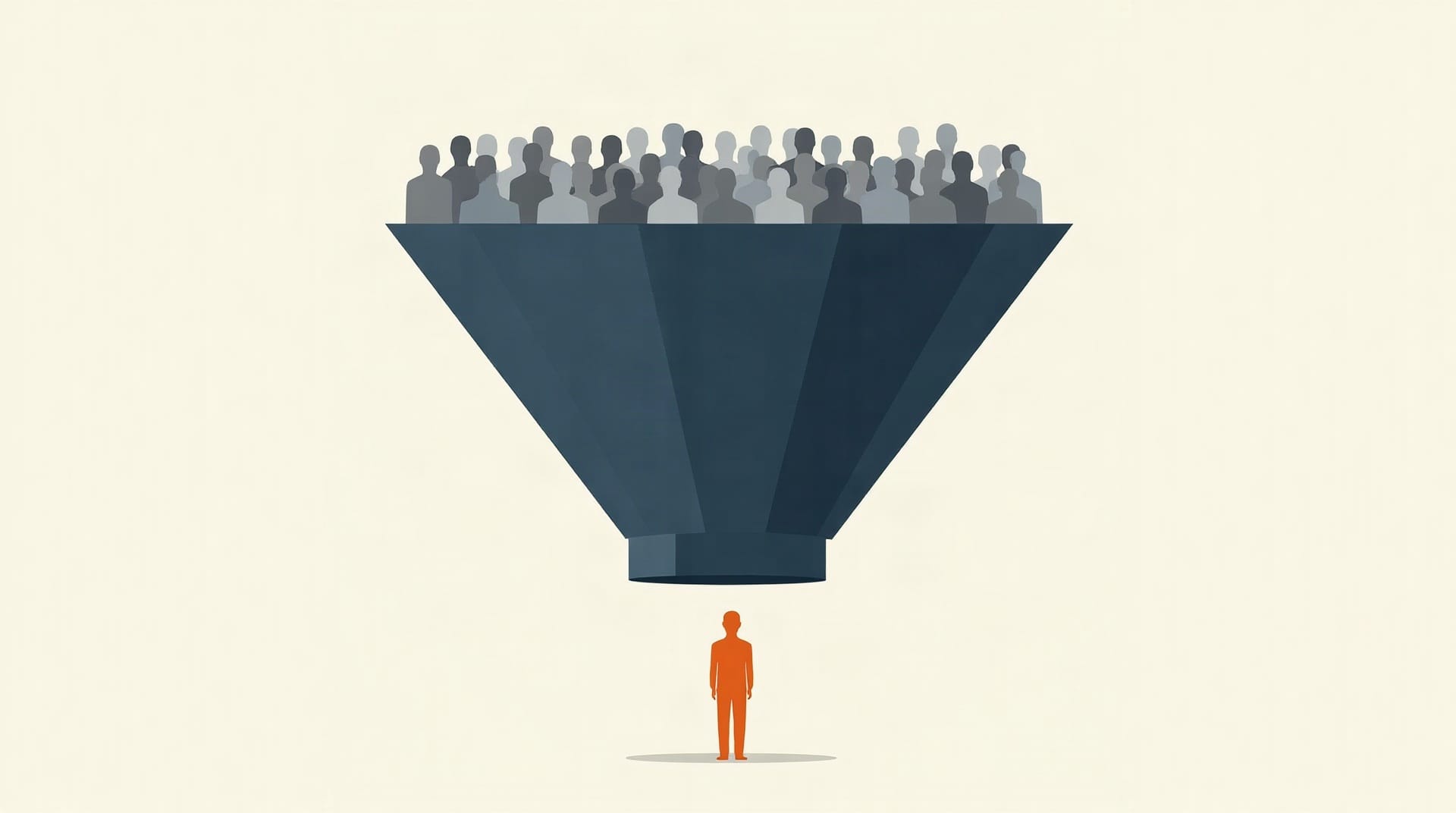 A navy blue funnel diagram on a cream background illustrating how qualifying ad copy filters out unfit clicks before they reach the landing page, leaving only high-intent prospects at the bot